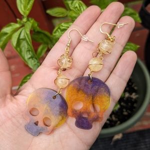 Citrine Skull Earrings Handmade Resin Cute Jewelry Skulls Yellow Gold Wire Wrap